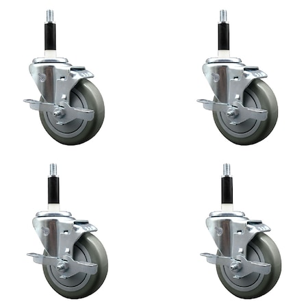 Service Caster 4'' SS Gray Poly Swivel 7/8'' Expanding Stem Caster Set with Brake, 4PK SCC-SSEX20S414-PPUB-TLB-78-4